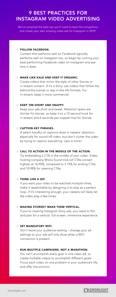 An infographic showing the 9 best practices for instagram video advertising