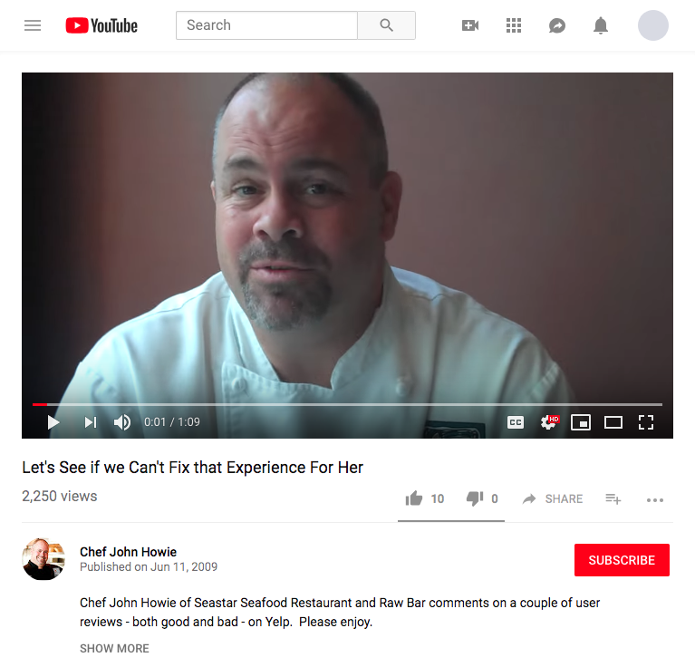 A Youtube video screenshot of Chef John Howie responding to Yelp reviews