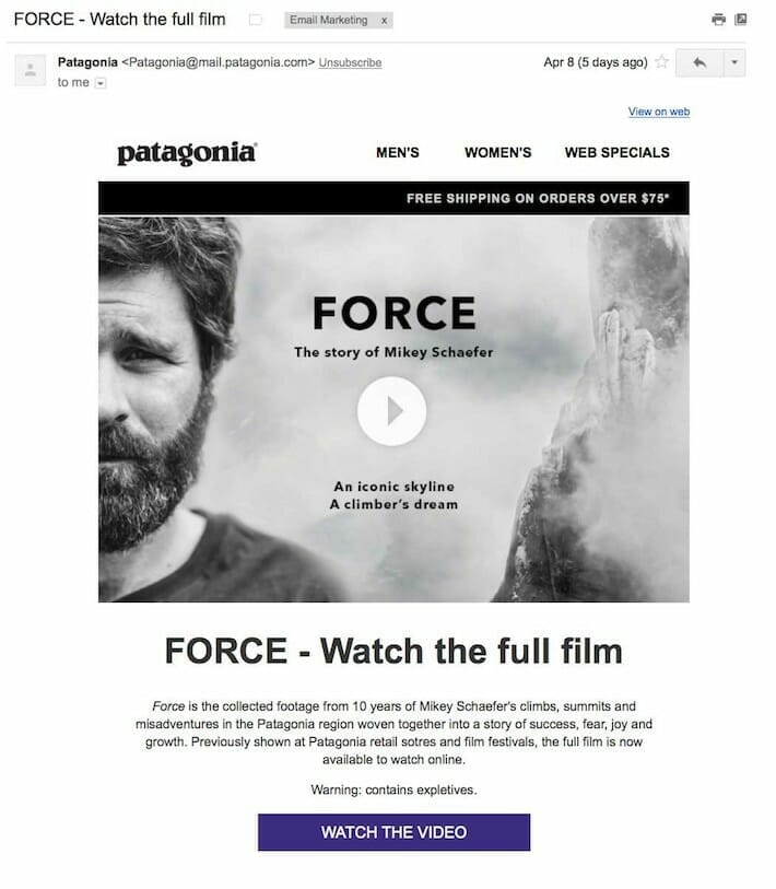 Screenshot of an email from Patagonia featuring the Force film