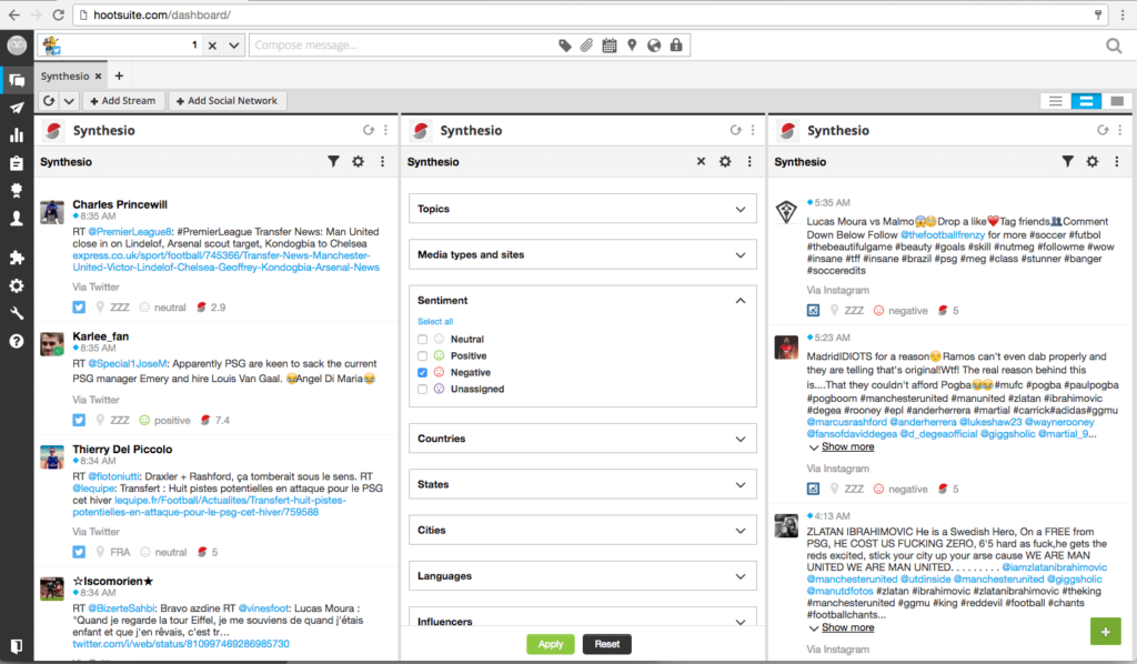 The hootsuite dashboard that showcases different things you can be tracking.