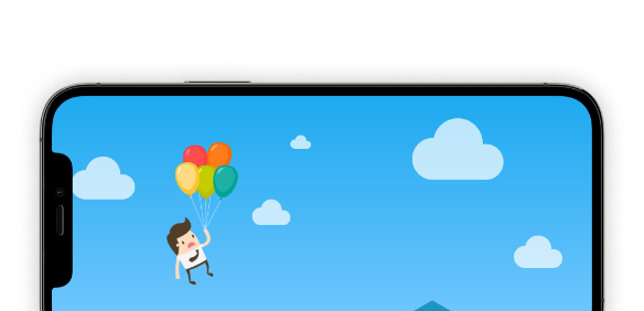 A phone screen showing a man flying with balloons in the sky.