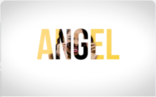 The word angel in black and yellow on a white background.