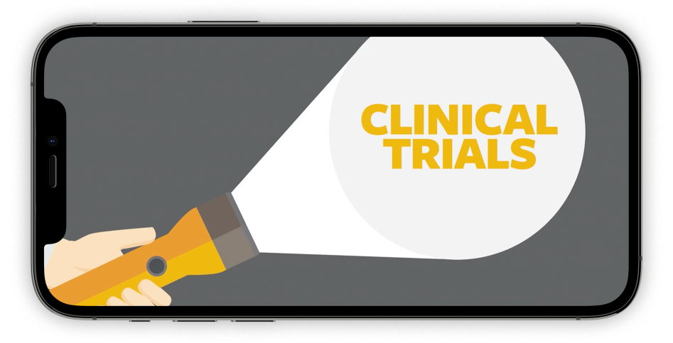 An engaging explainer video production showcasing a hand holding a megaphone with the word clinical trials on it.