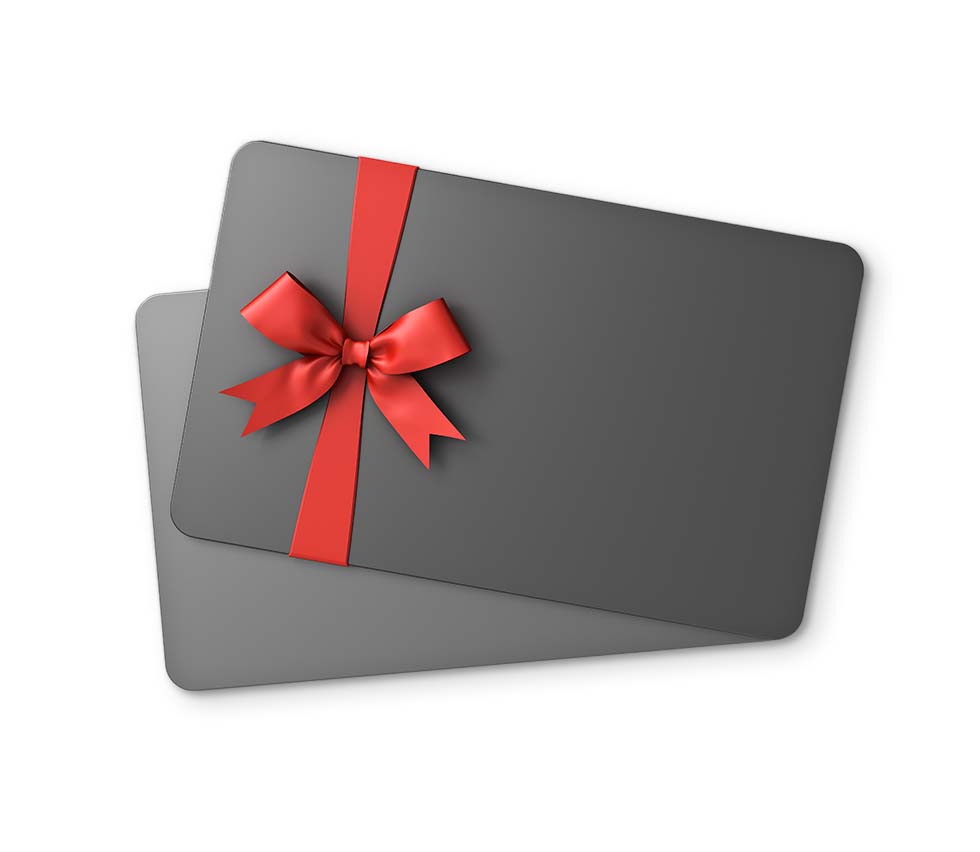 Two gift cards with a vivid red bow on a pristine white background.