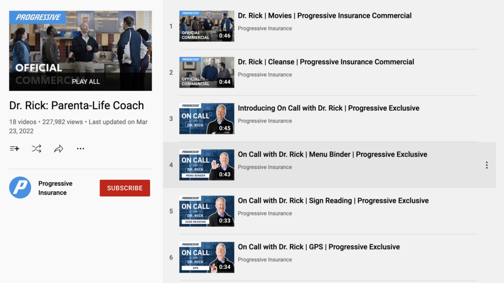 A screenshot from Progressive's Youtube channel showcasing the different Dr. Rick ads that can be used for their ad campaign.