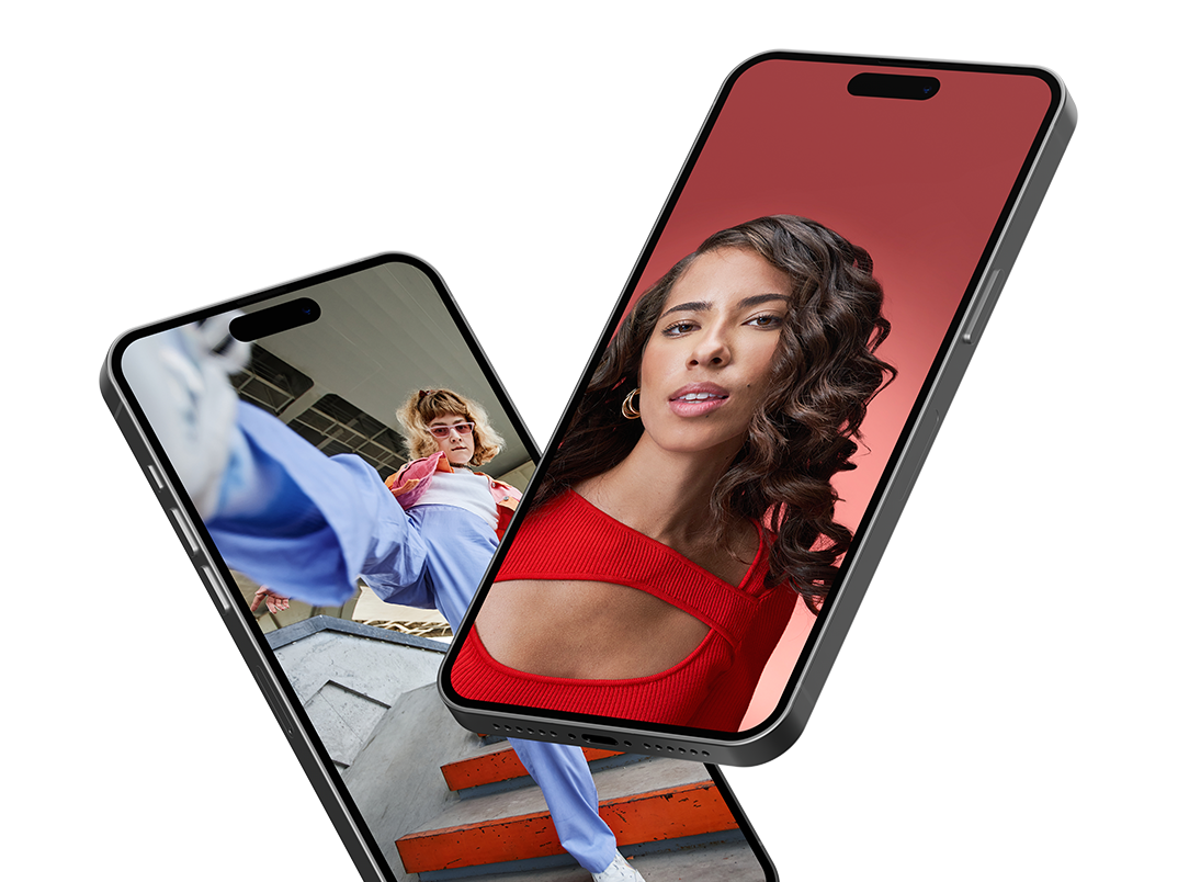 Two iPhones displaying video production services with a woman's face on them.
