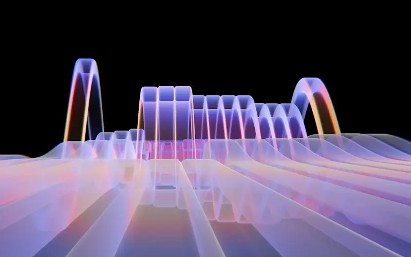 Abstract digital artwork featuring translucent, wavy bands in pink, purple, and blue hues against a black background. The bands form arcs and rectangular shapes.