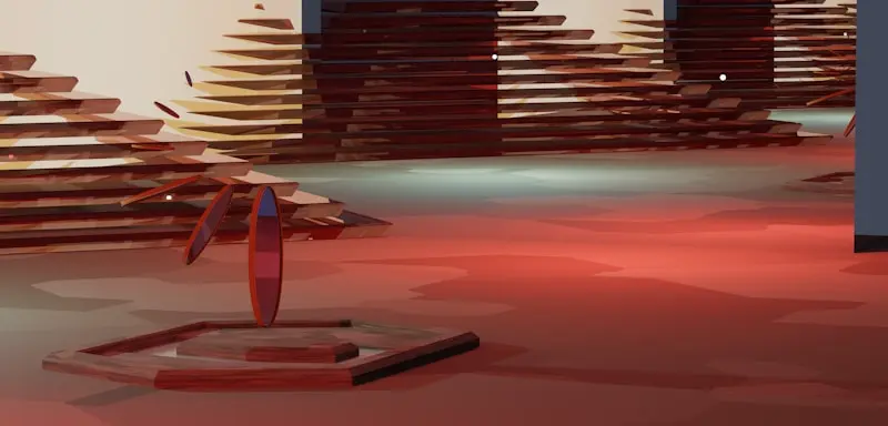 Abstract wooden sculptures and layered platforms are arranged in a spacious room with a red and beige color scheme.