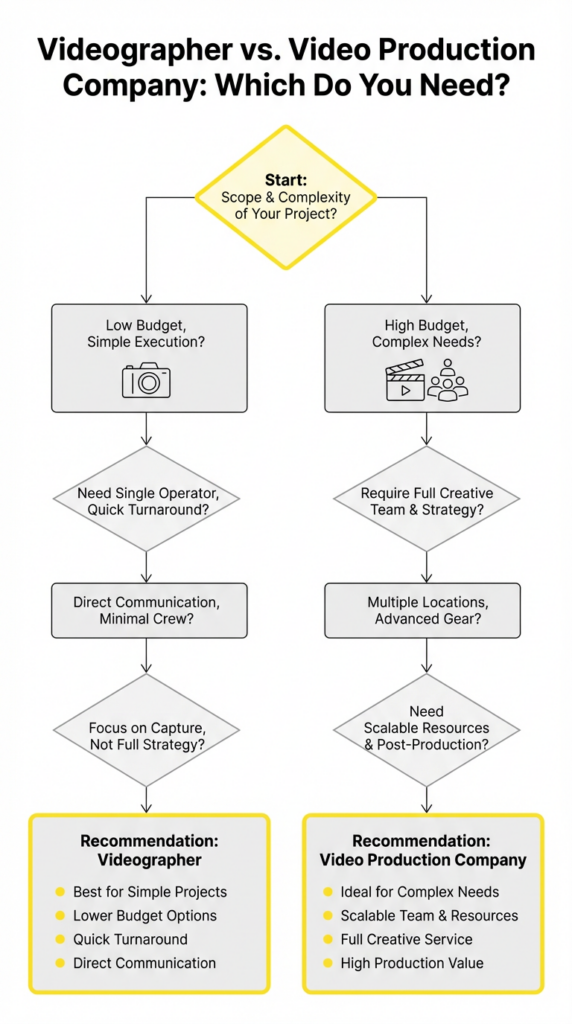 A flowchart titled "Videographer vs. Video Production Company: Which Do You Need?" guides users to choose between hiring a freelance videographer or a video production company based on their specific project needs.