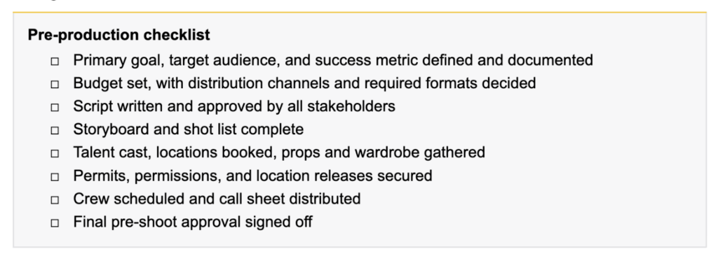 Pre-production checklist with eight listed tasks, including goal setting, budgeting, script approval, scheduling, permits, and final pre-shoot approval.